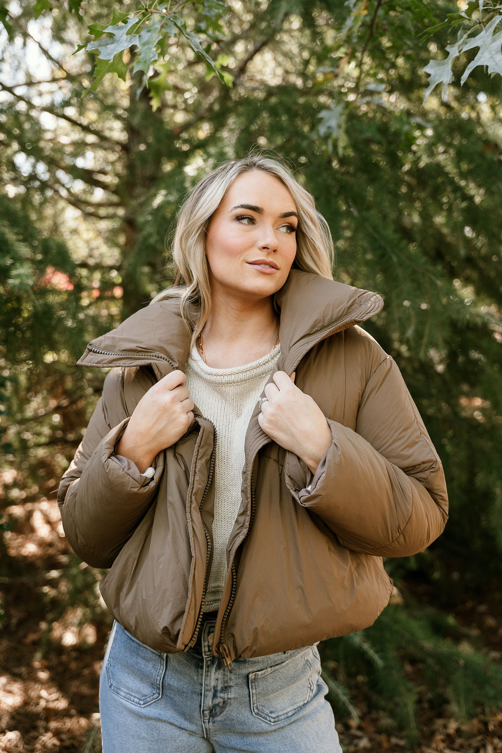 Arden Brown Puffer Jacket - close front view