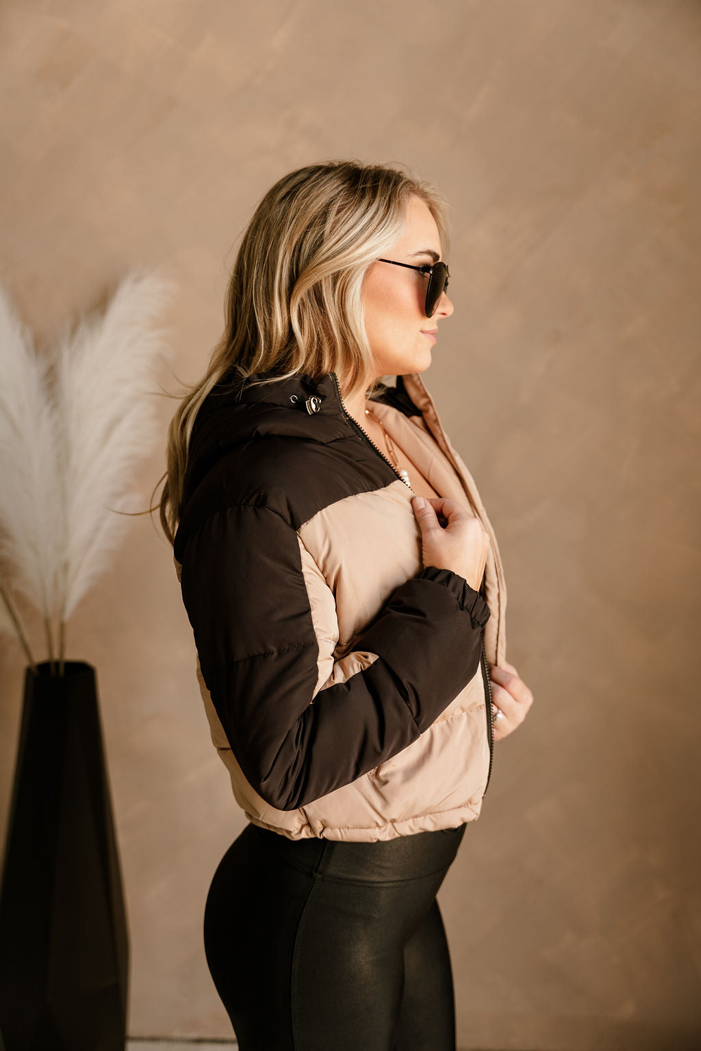 Gabby Black & Tan Color Block Puffer Jacket - side view