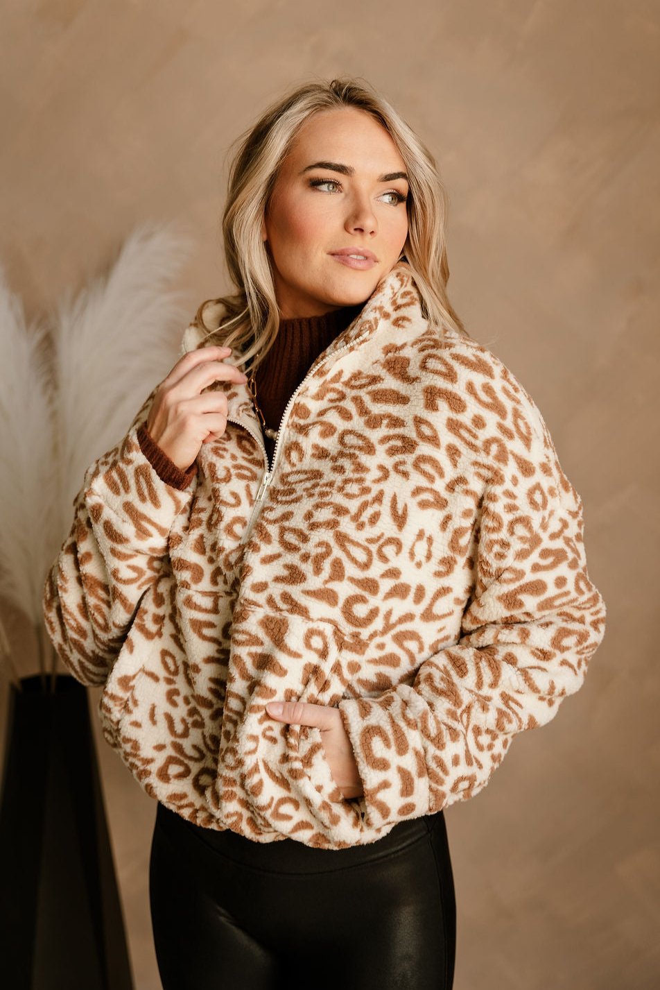 Meagan Ivory & Camel Leopard Sherpa Jacket - close front view