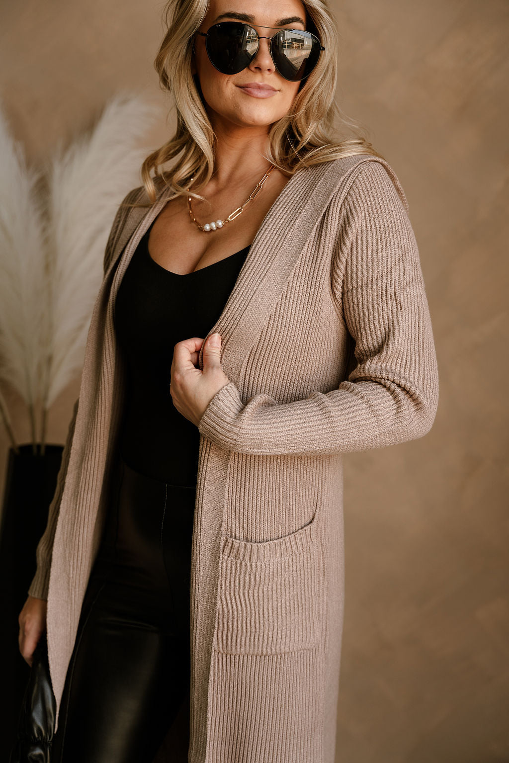 Reese Taupe Hooded Longline Cardigan - close up frontal side view