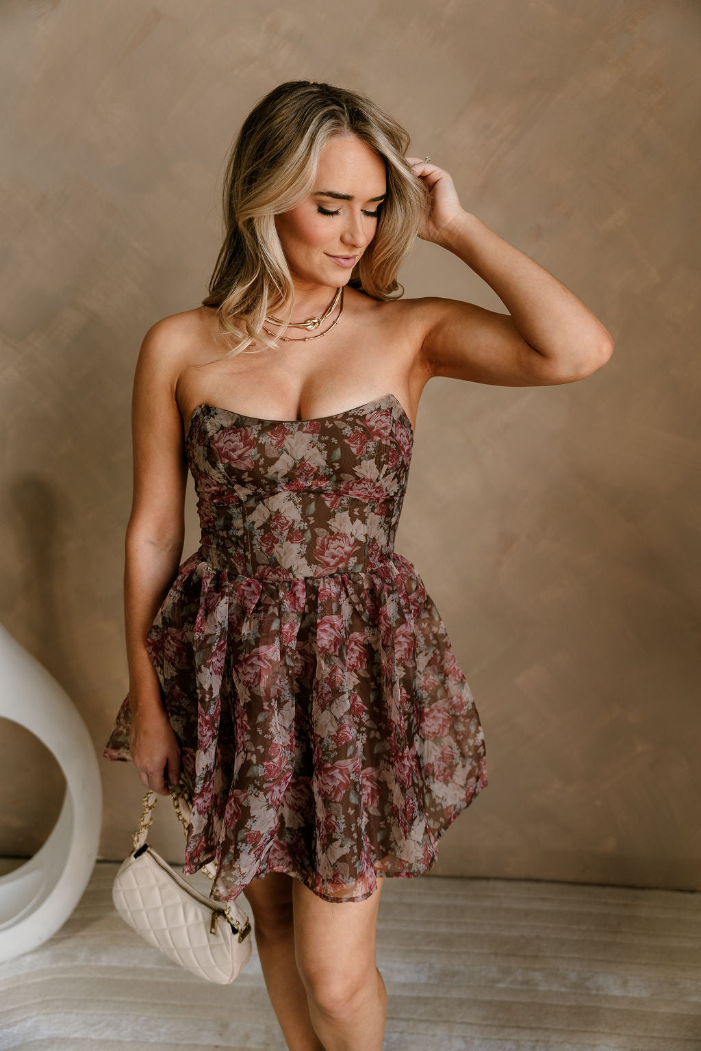 Kelsey Brown Floral Strapless Mini Dress - front view