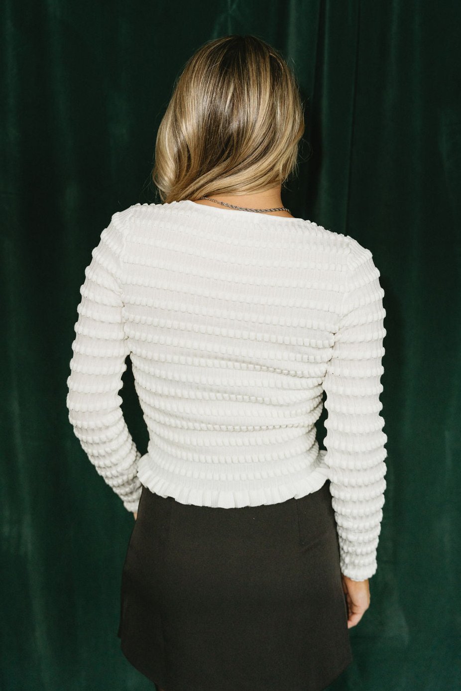 Livia White Ruffle Long Sleeve Top- close up back view