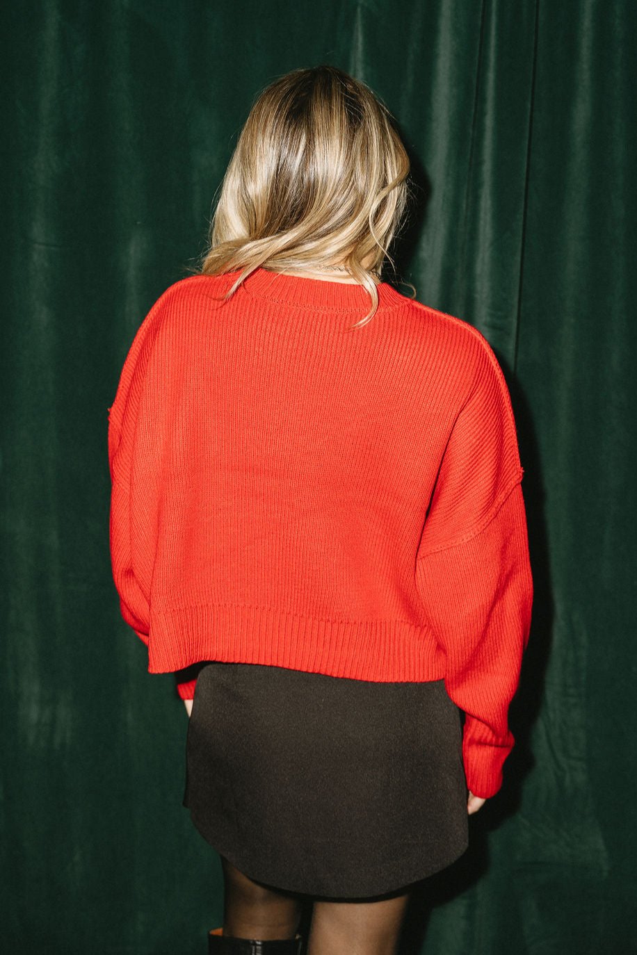 Candace Red Knit Long Sleeve Sweater- close up back view