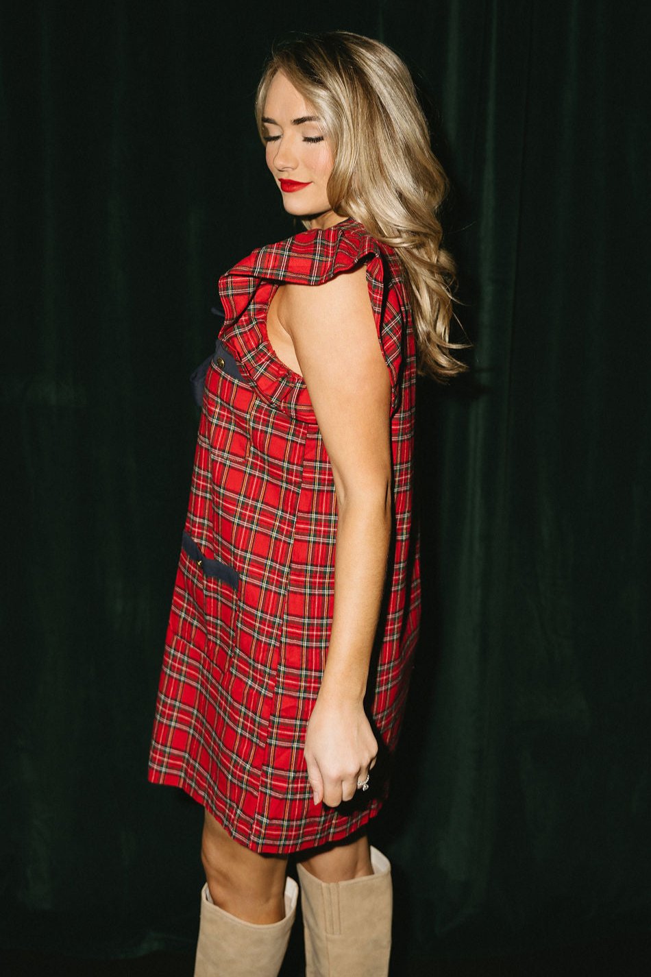 Jamie Red & Navy Plaid Bow Mini Dress- frontal side view