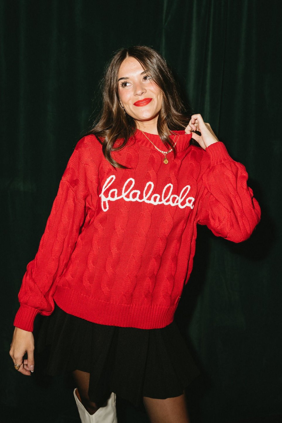 FaLaLaLa Red & White Long Sleeve Sweater- close up top view