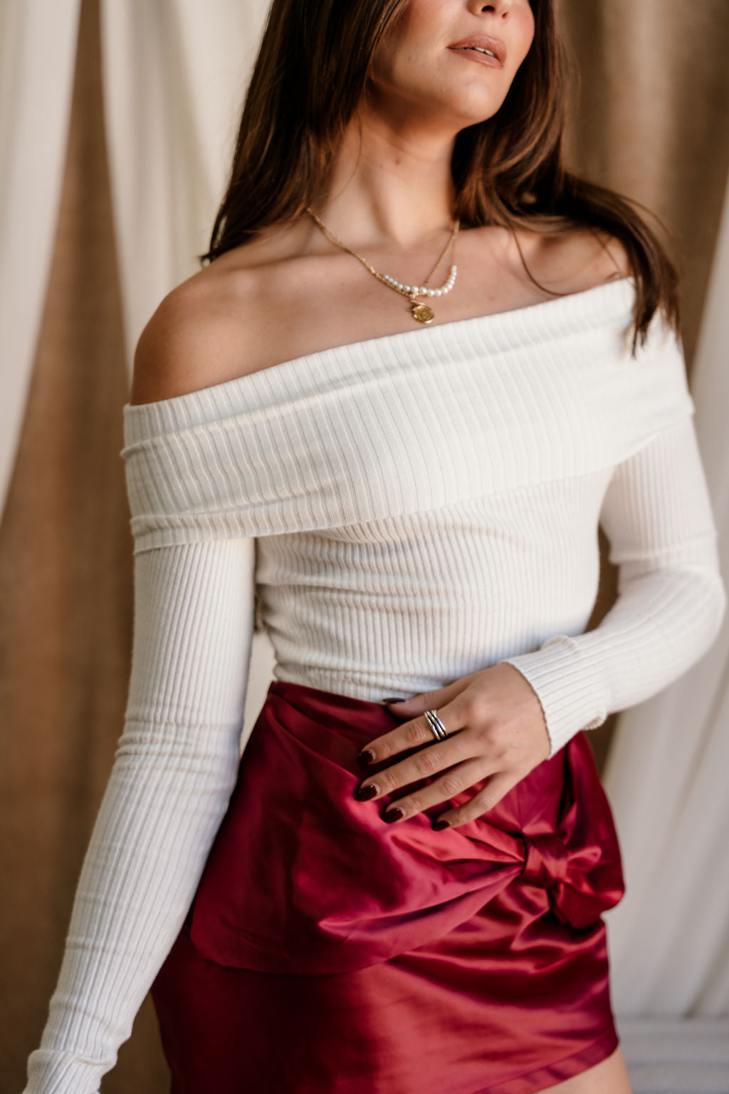 Mia Ivory Ribbed Off-The-Shoulder Top- frontal side view