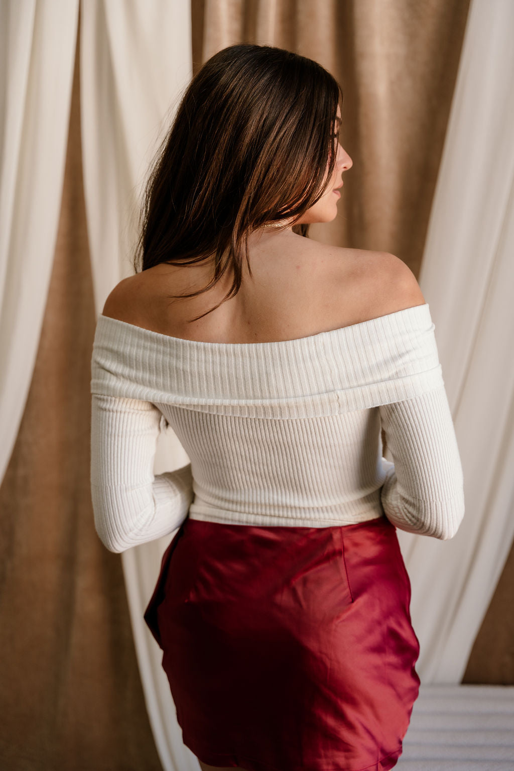 Mia Ivory Ribbed Off-The-Shoulder Top- back view