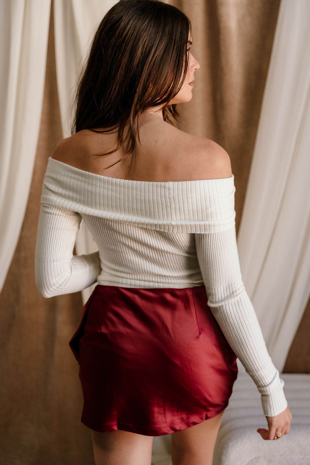 Cora Burgundy Satin Bow Mini Skirt- back view