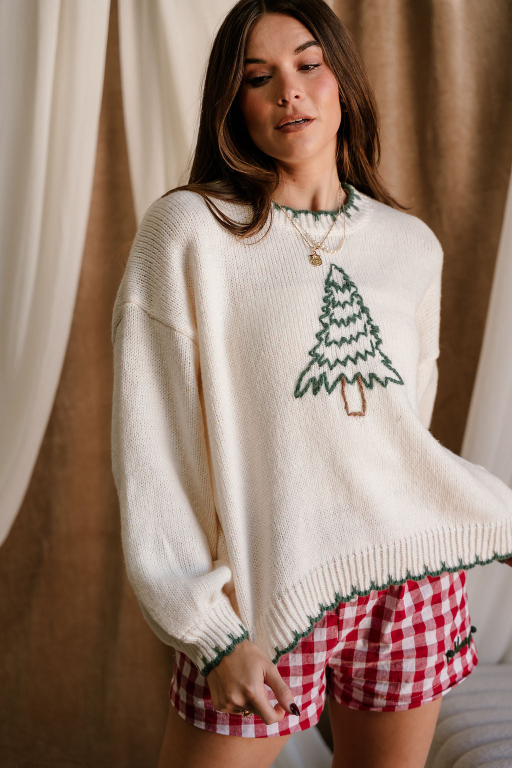 Freya Green & Cream Christmas Tree Stitch Sweater- close up top view