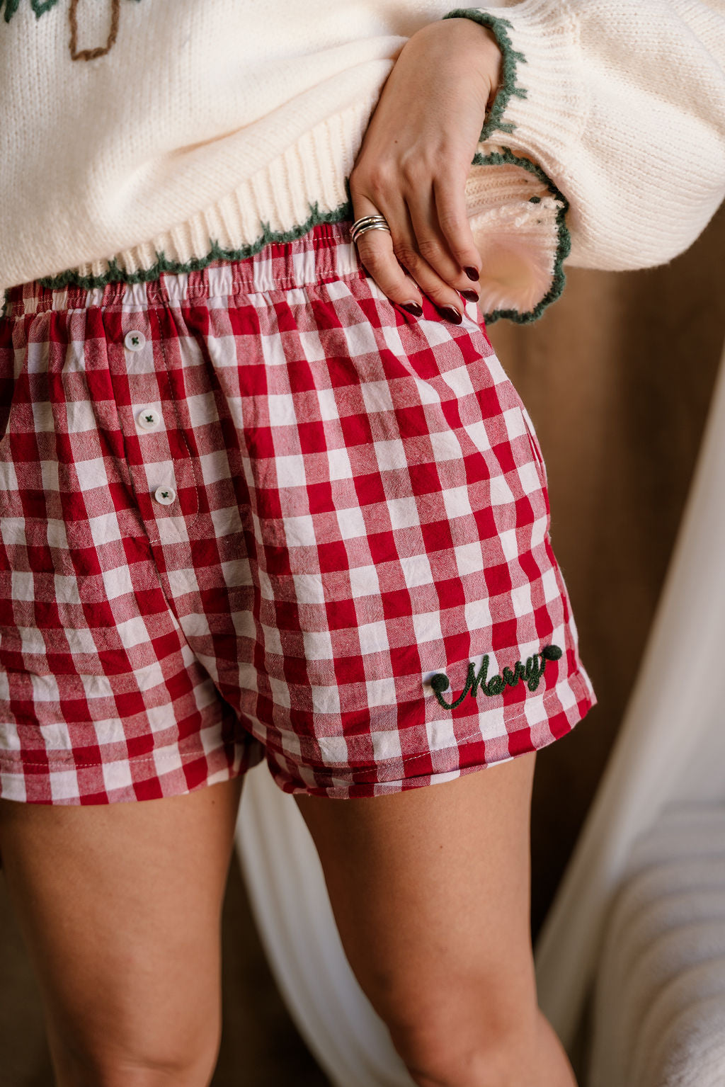 Merry Red & White Plaid Pajama Shorts- frontal side view