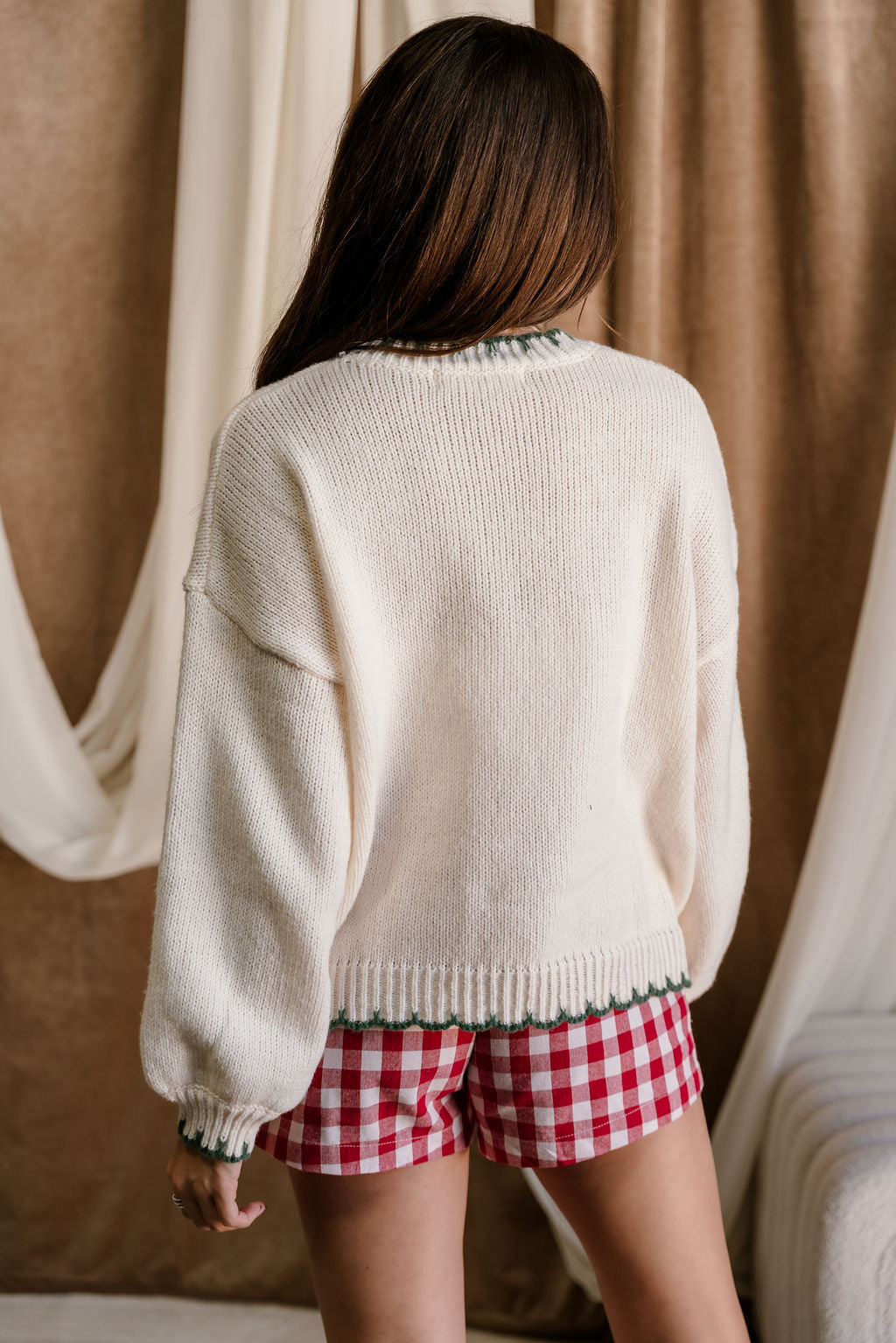 Freya Green & Cream Christmas Tree Stitch Sweater- close up back view