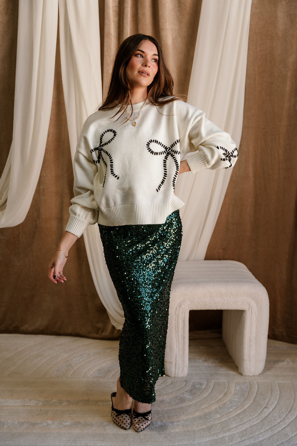 Julietta Green Sequin Midi Skirt- full body view