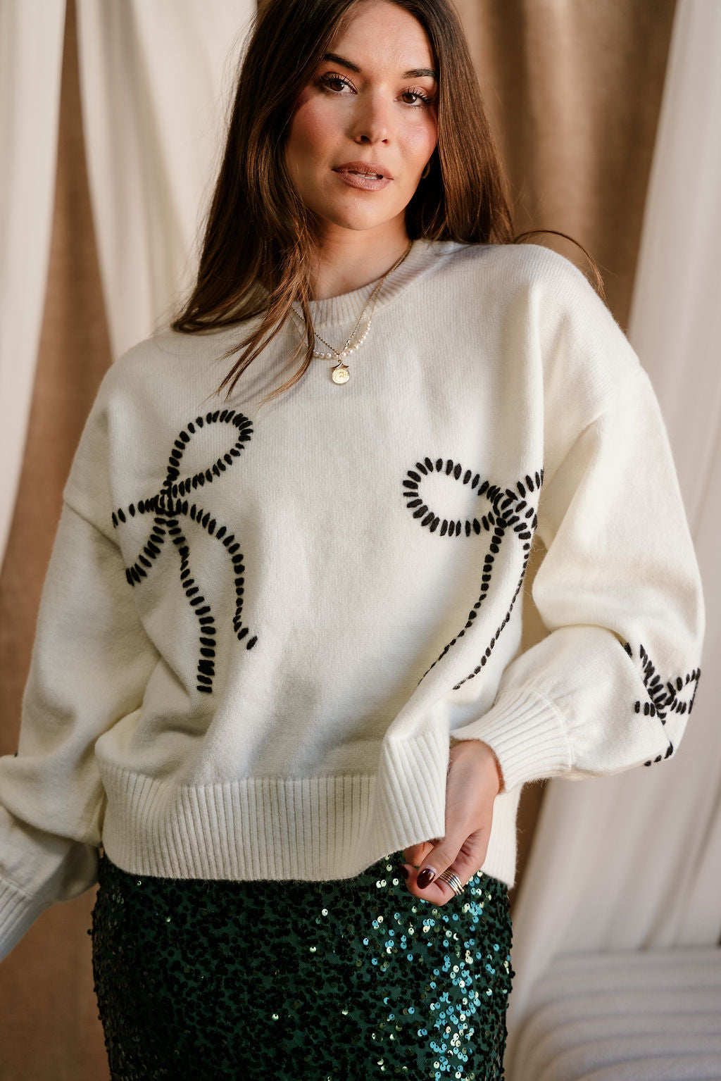 Grace Cream & Black Stitch Bows Sweater- front top view