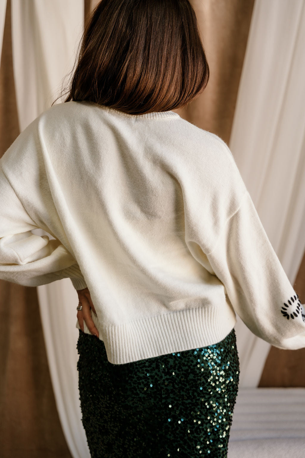 Grace Cream & Black Stitch Bows Sweater- full back view