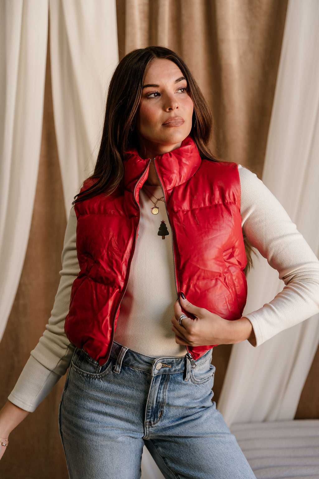 Chantel Red Faux-Leather Puffer Vest- top view