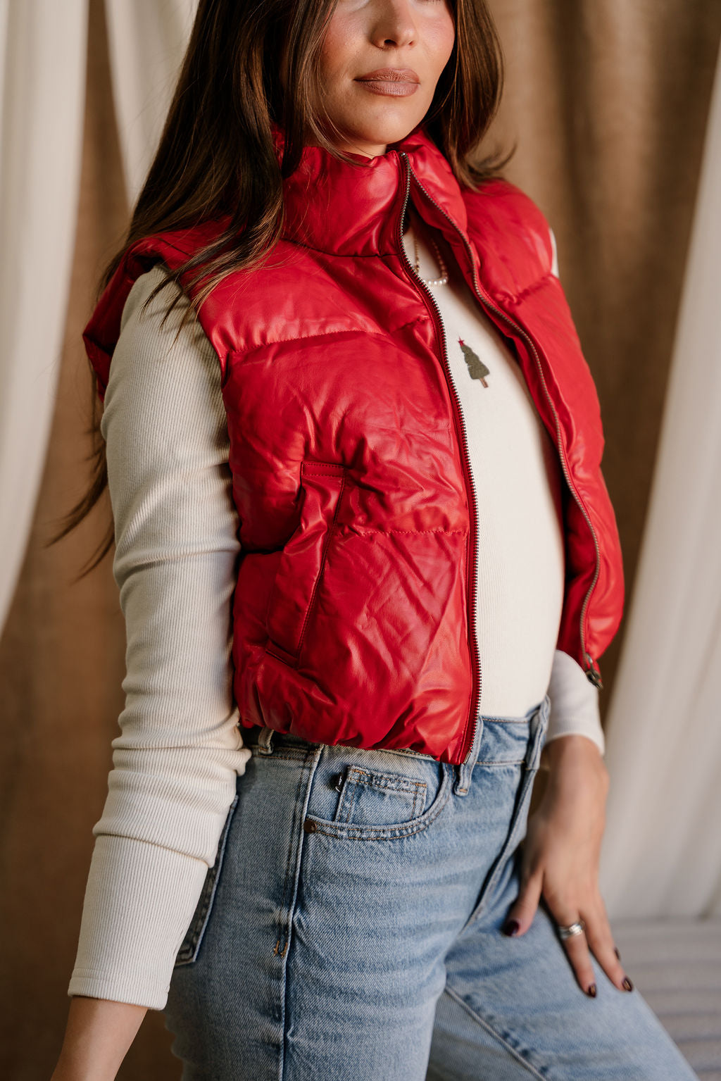 Chantel Red Faux-Leather Puffer Vest- frontal side view