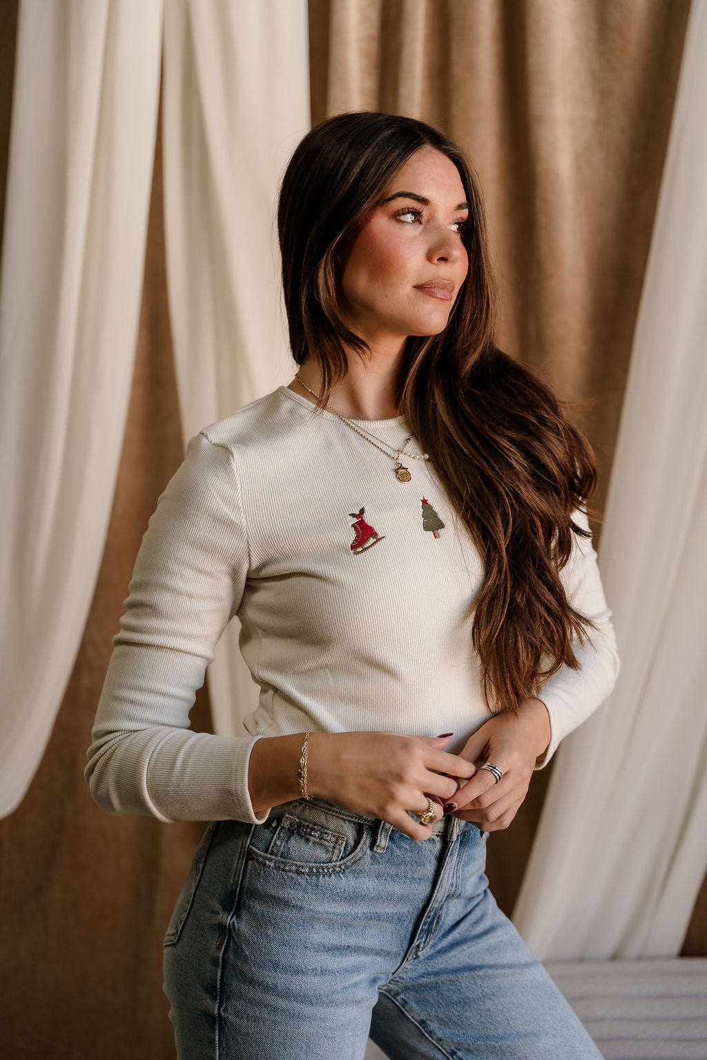 Noelle Cream Christmas Ribbed Top- frontal side view