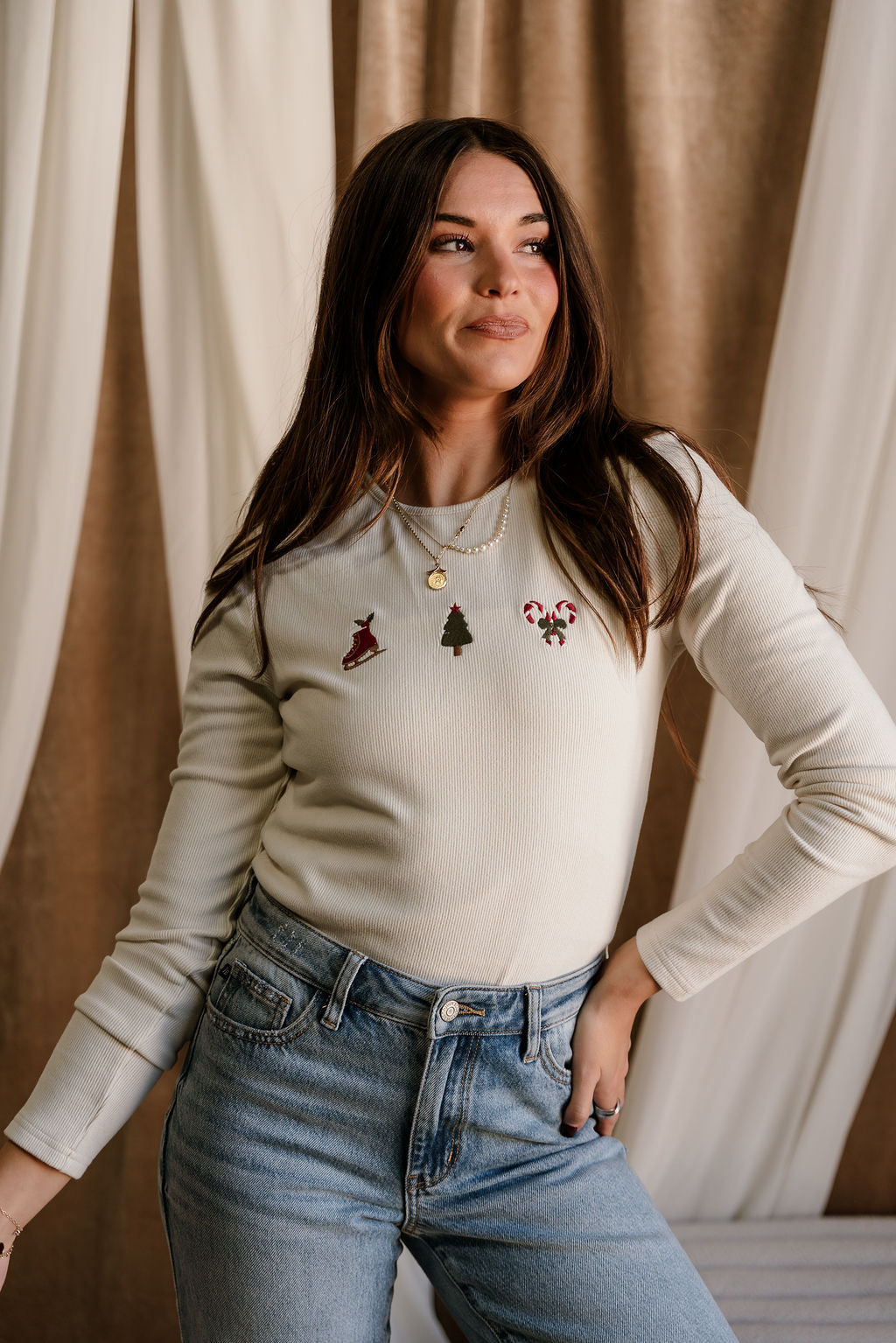 Noelle Cream Christmas Ribbed Top- front top view