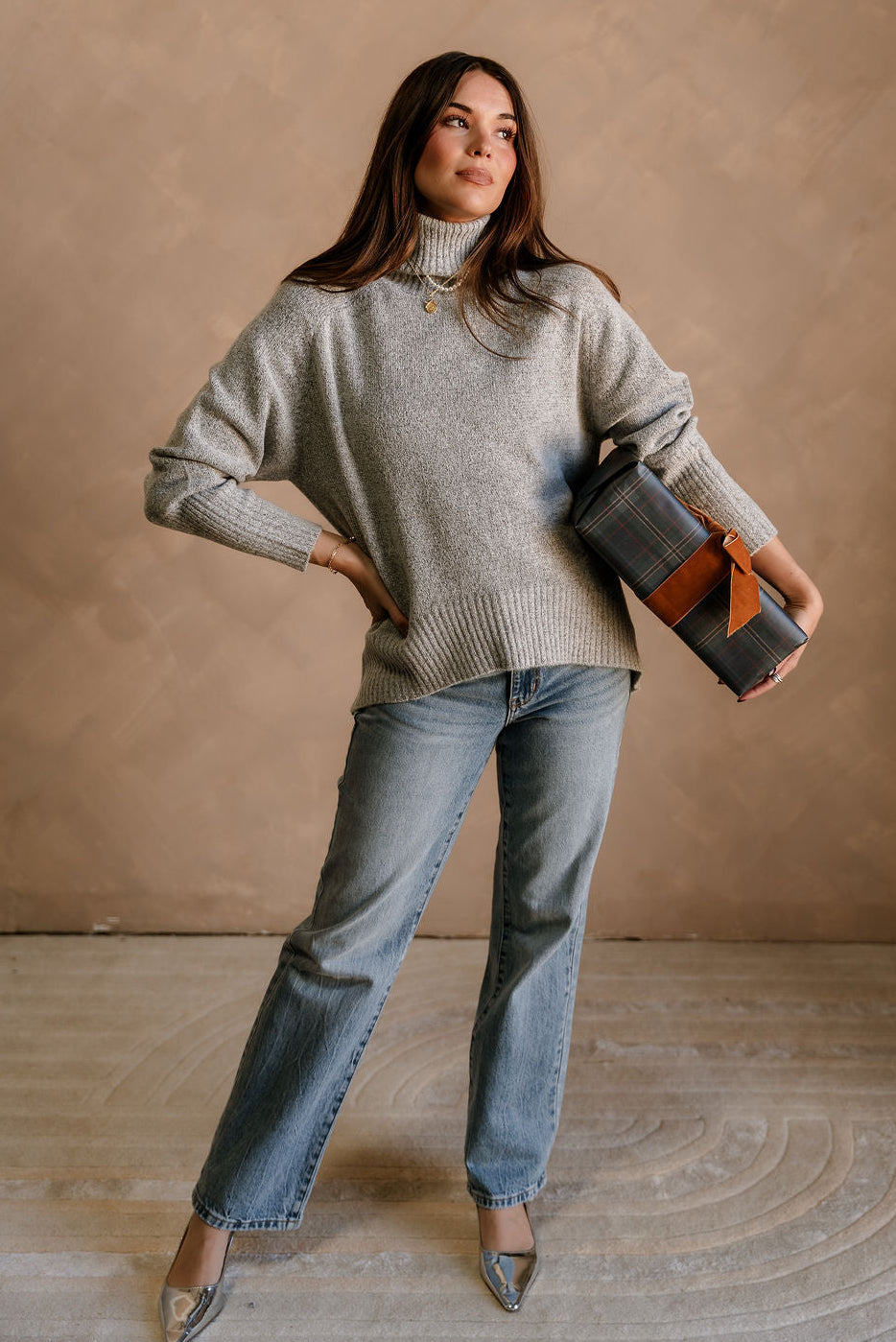 Norah Heather Grey Turtleneck Sweater- full body view