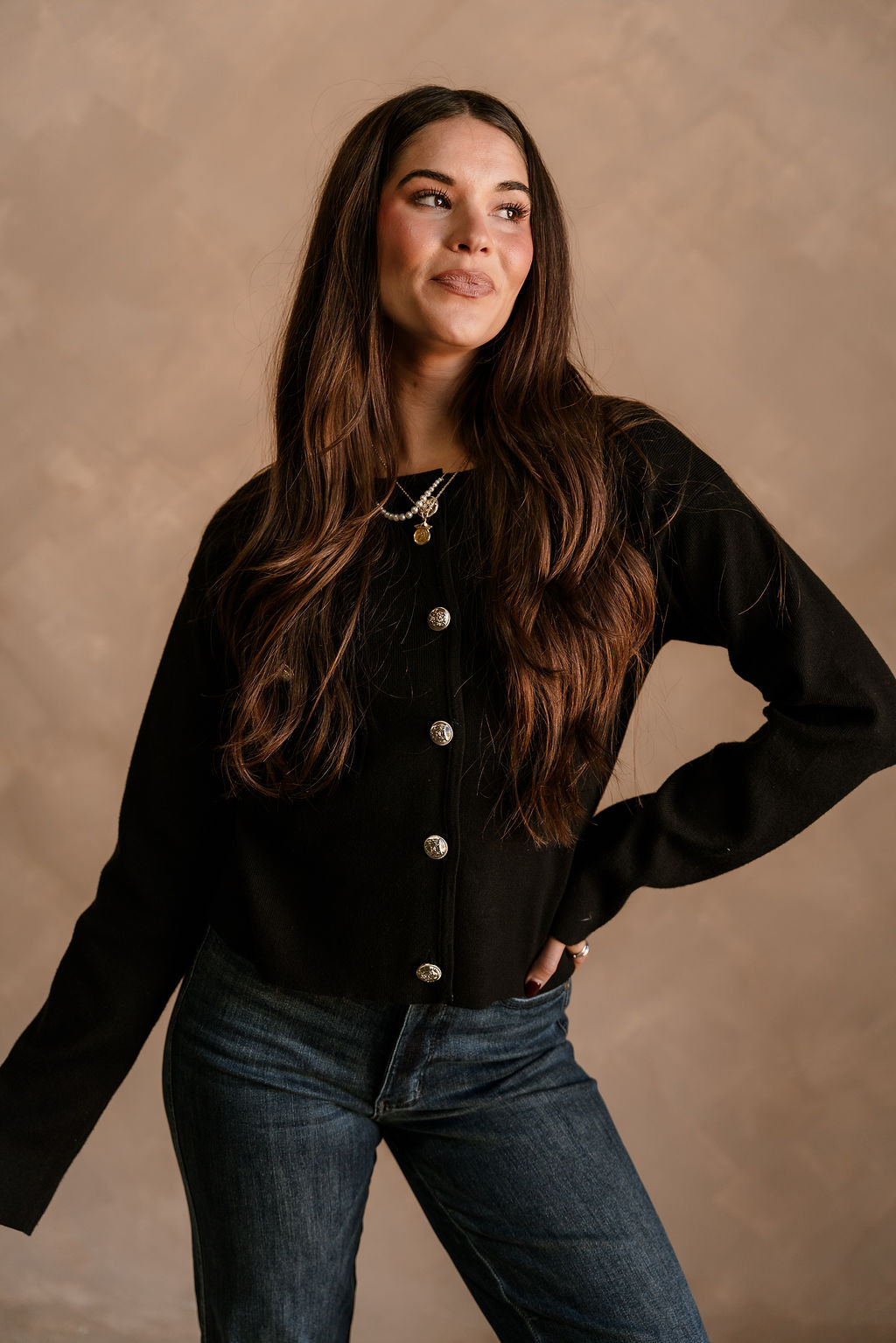 Delaney Black & Gold Button-Up Pocket Cardigan -front view