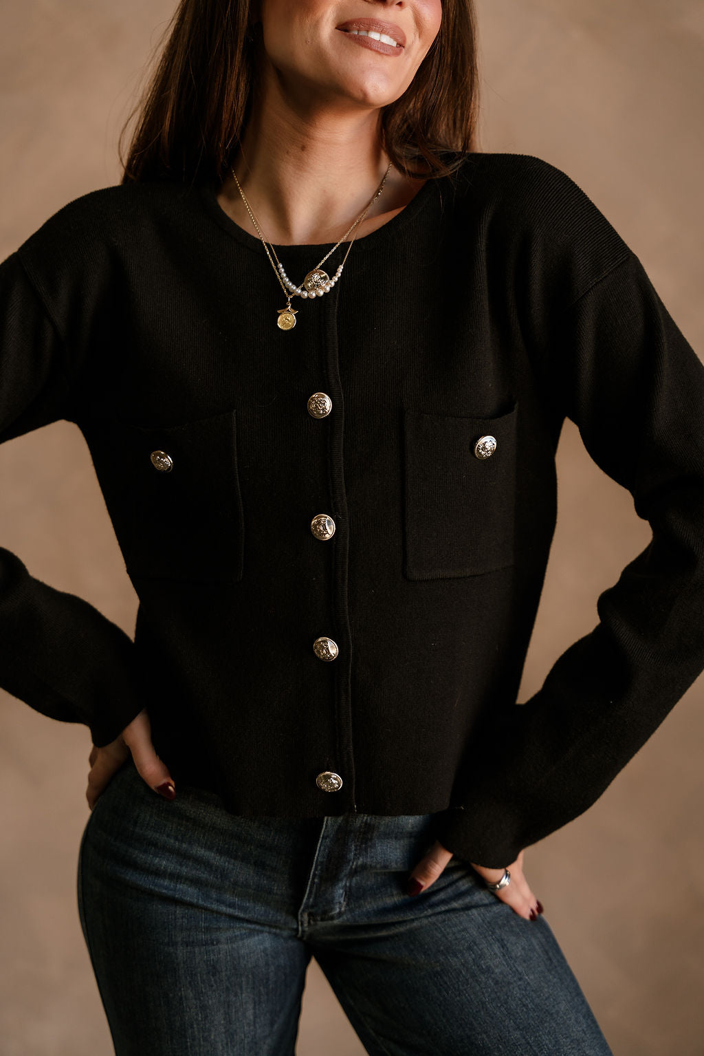 Delaney Black & Gold Button-Up Pocket Cardigan - close front view