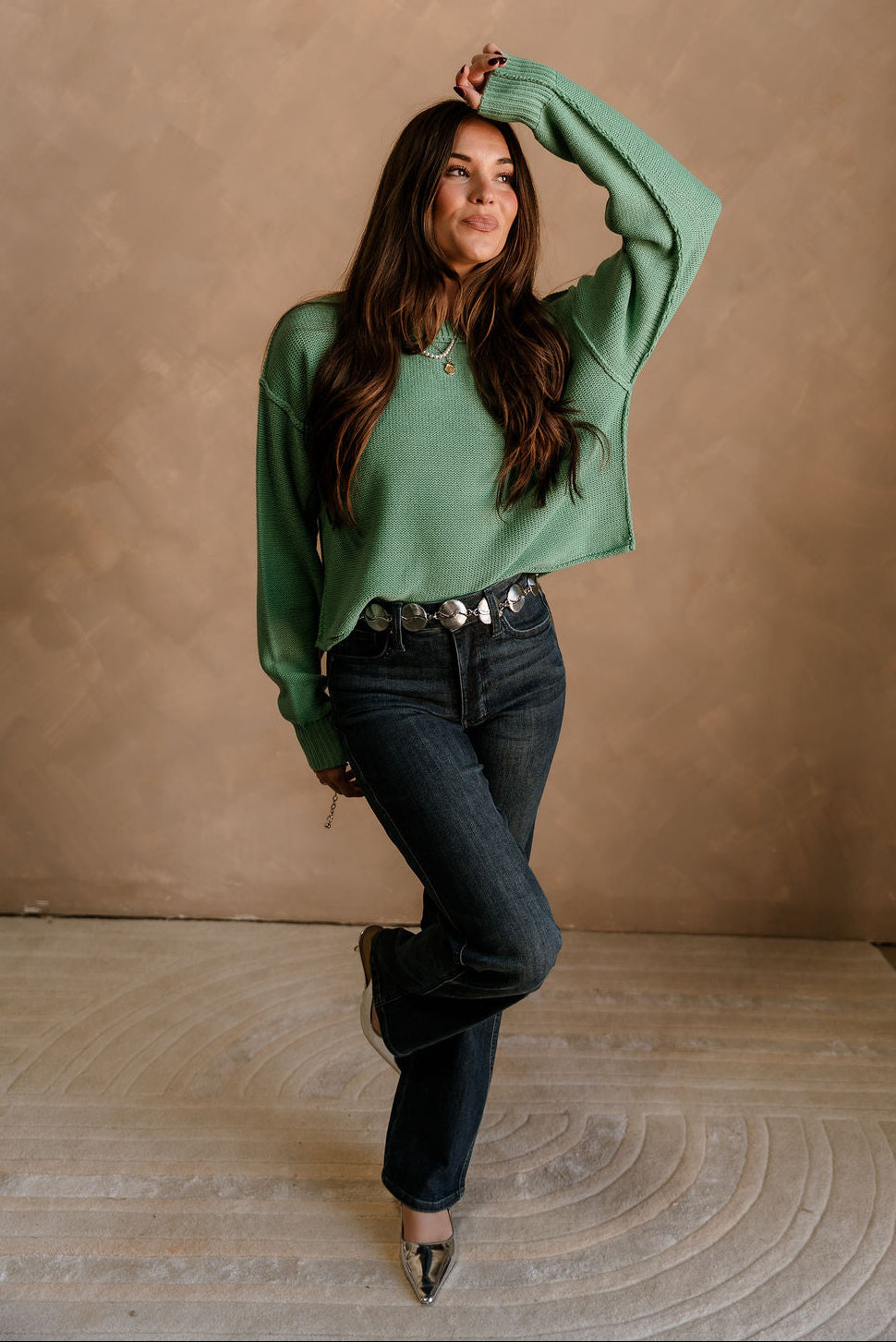Leila Emerald Green Knit Sweater - full body front view