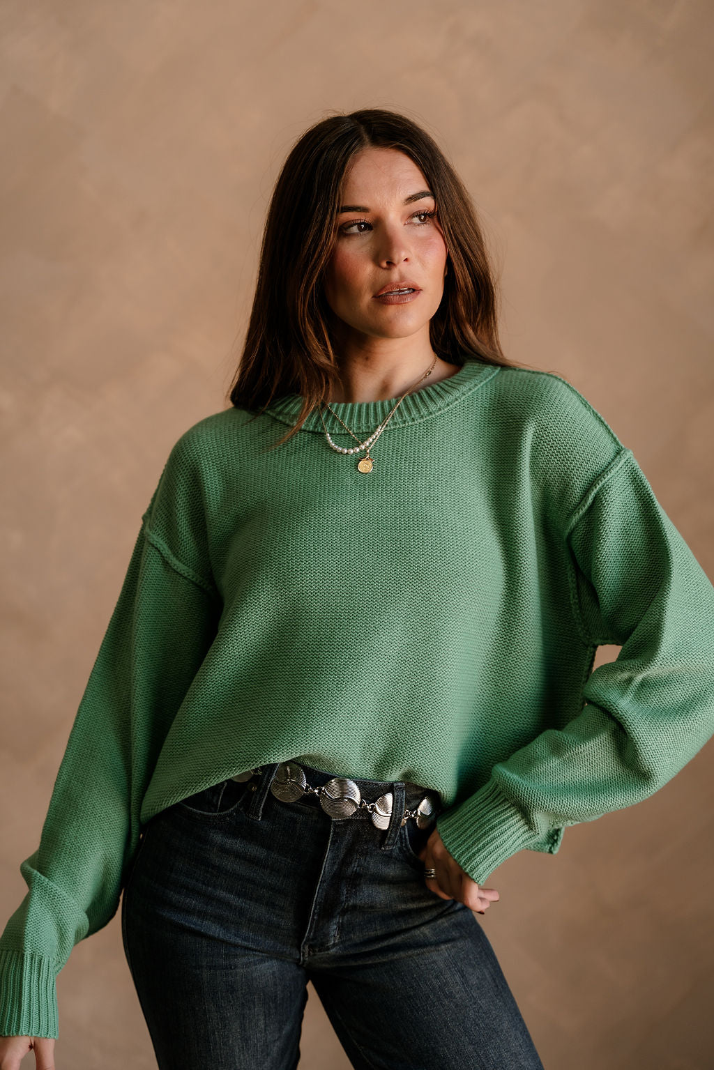 Leila Emerald Green Knit Sweater -  front view