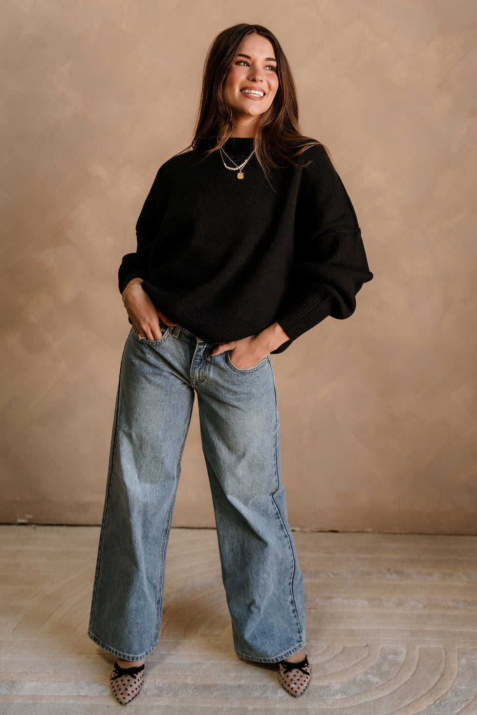 Alaina Black Ribbed Knit Sweater - full body front view