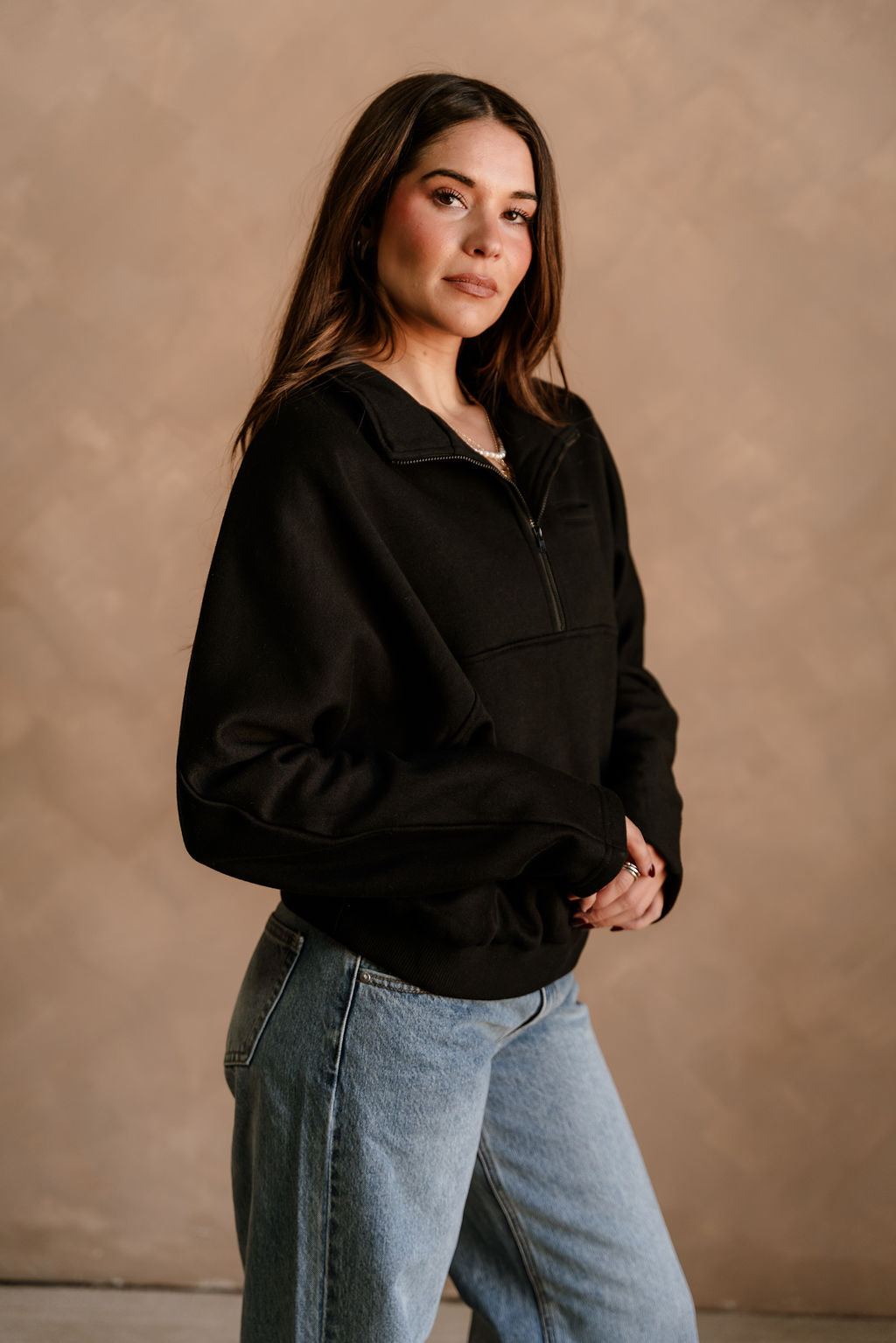 Dakota Black Quarter Zip Pullover - frontal side view