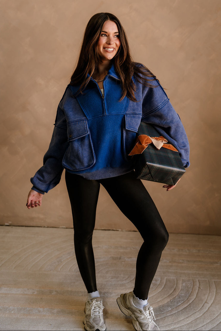 Stevie Washed Blue Quarter Zip Pullover - full body front view