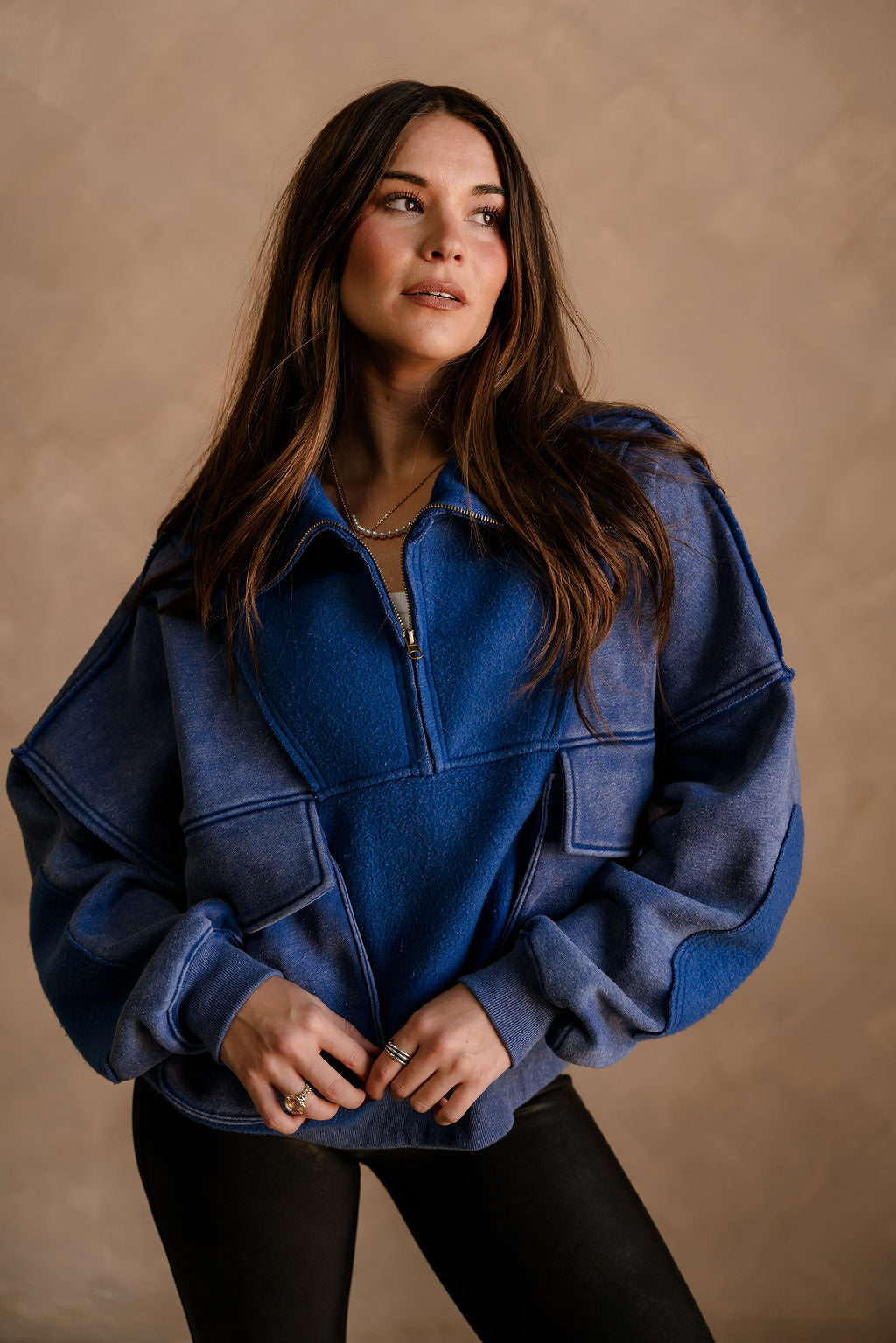 Stevie Washed Blue Quarter Zip Pullover -front view