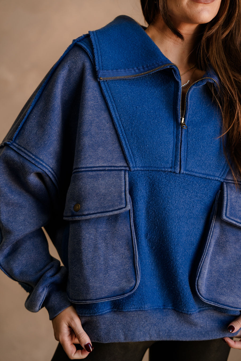 Stevie Washed Blue Quarter Zip Pullover - close up front view