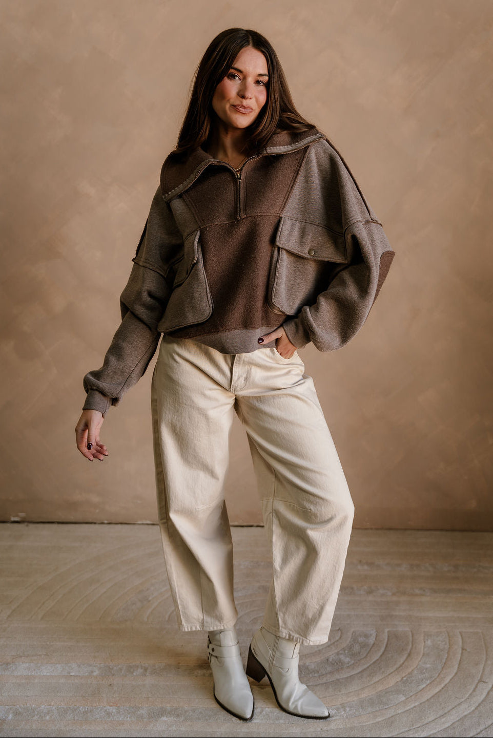 Stevie Washed Brown Quarter Zip Pullover - full body front view