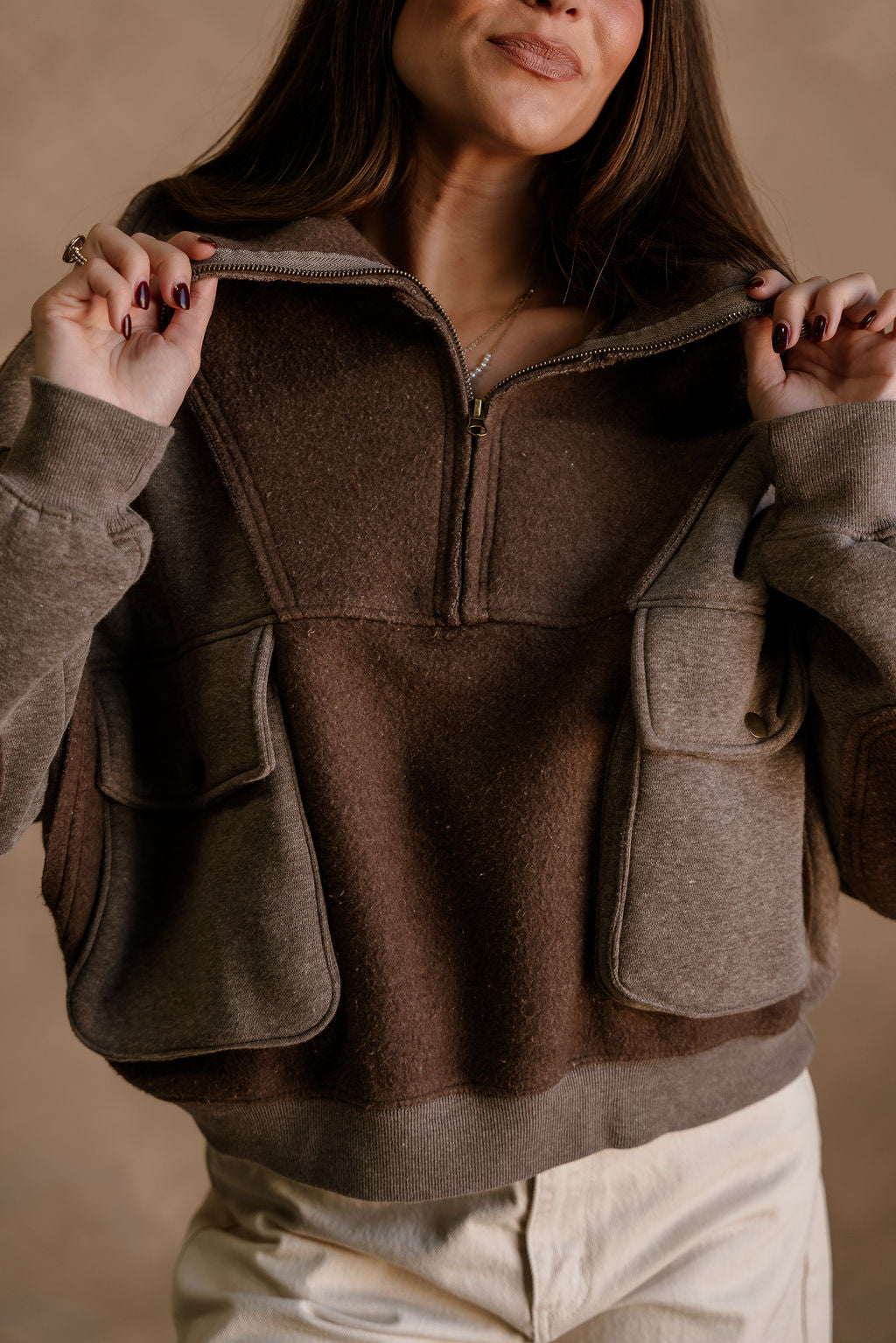 Stevie Washed Brown Quarter Zip Pullover - close front view