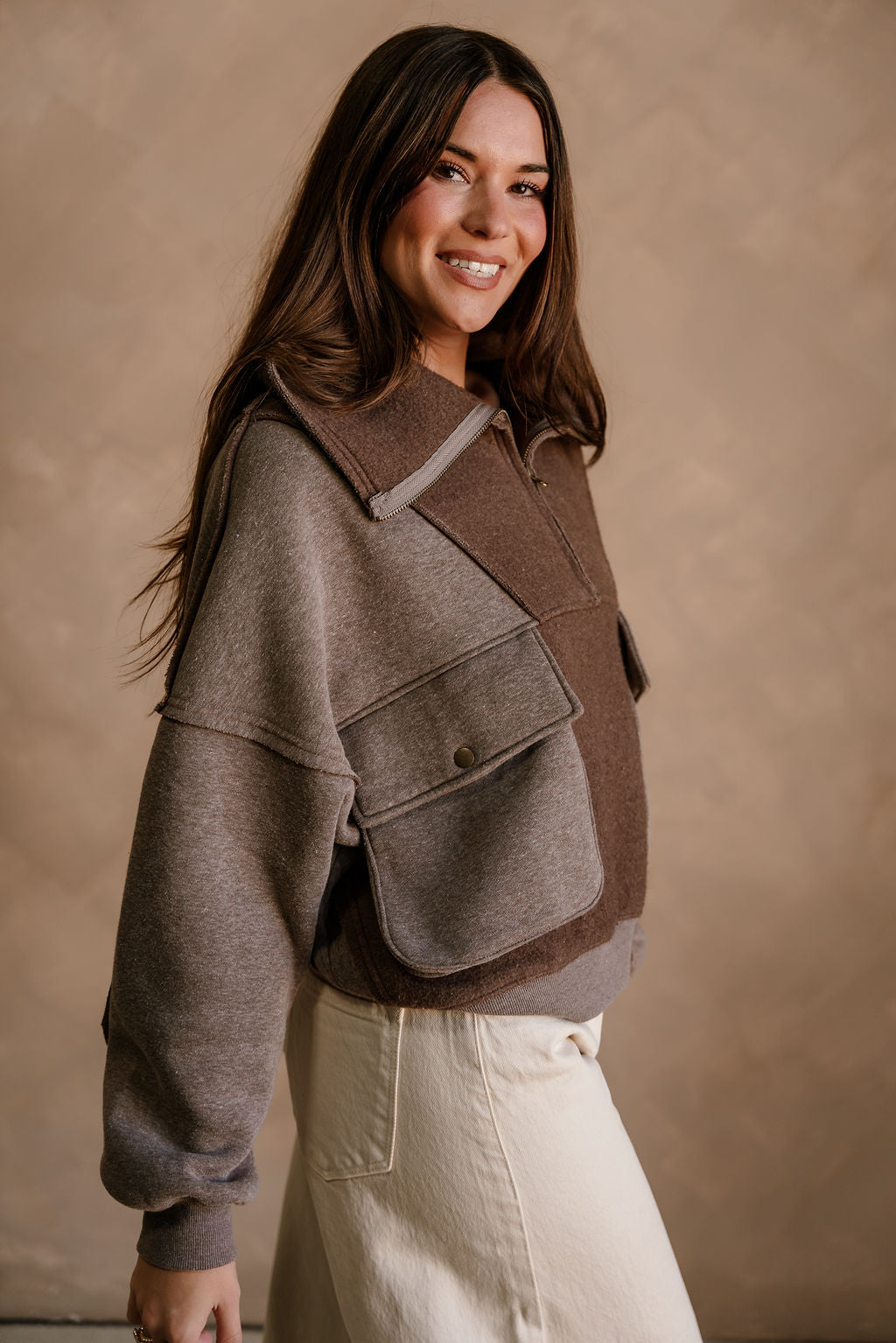 Stevie Washed Brown Quarter Zip Pullover - side view