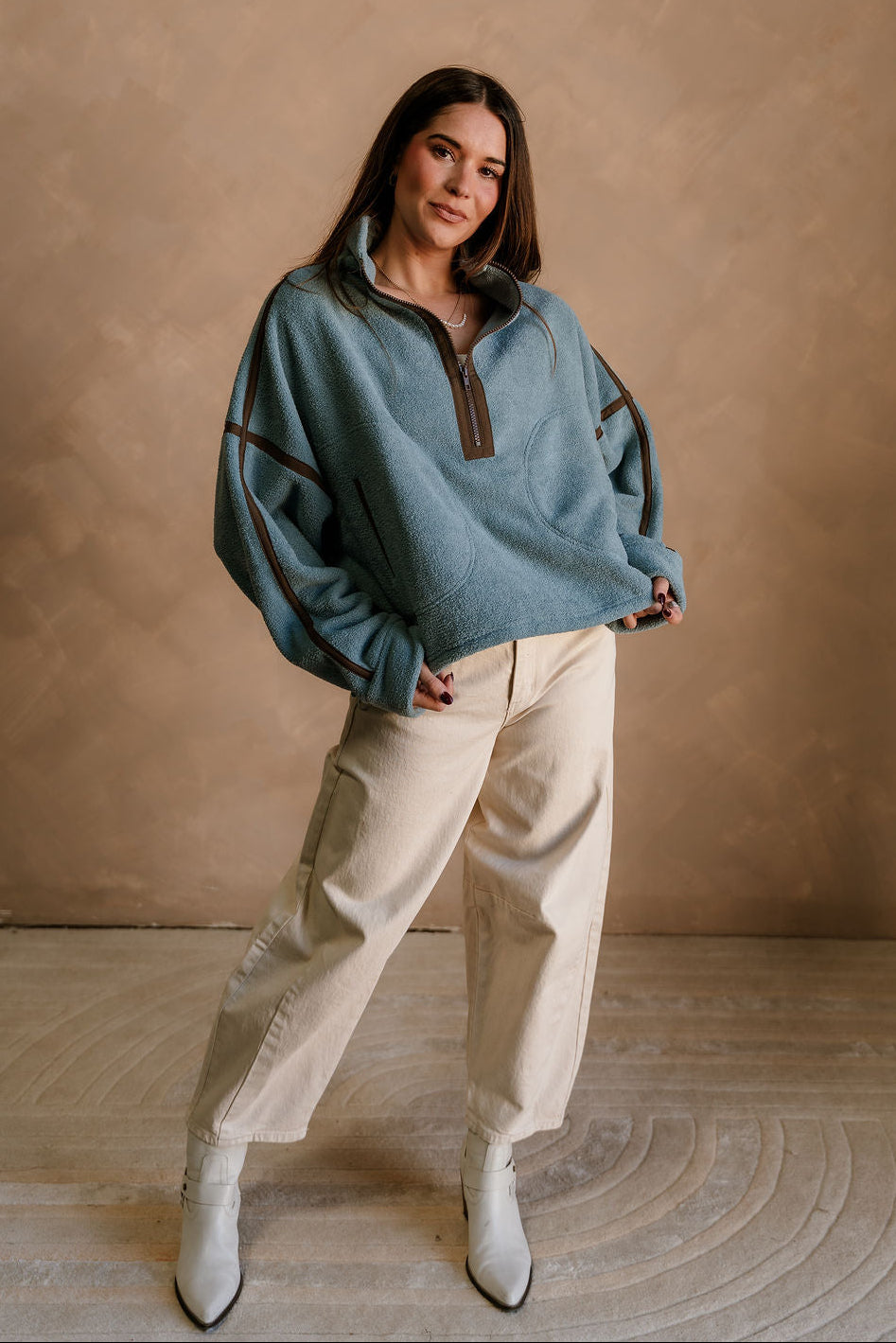 Gia Blue & Brown Quarter Zip Pullover - full body front view