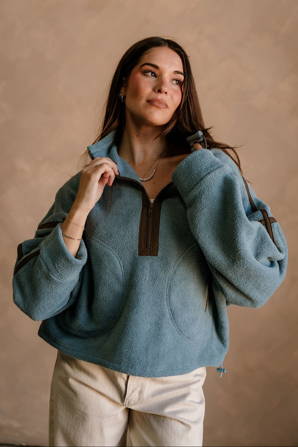 Gia Blue & Brown Quarter Zip Pullover - front view