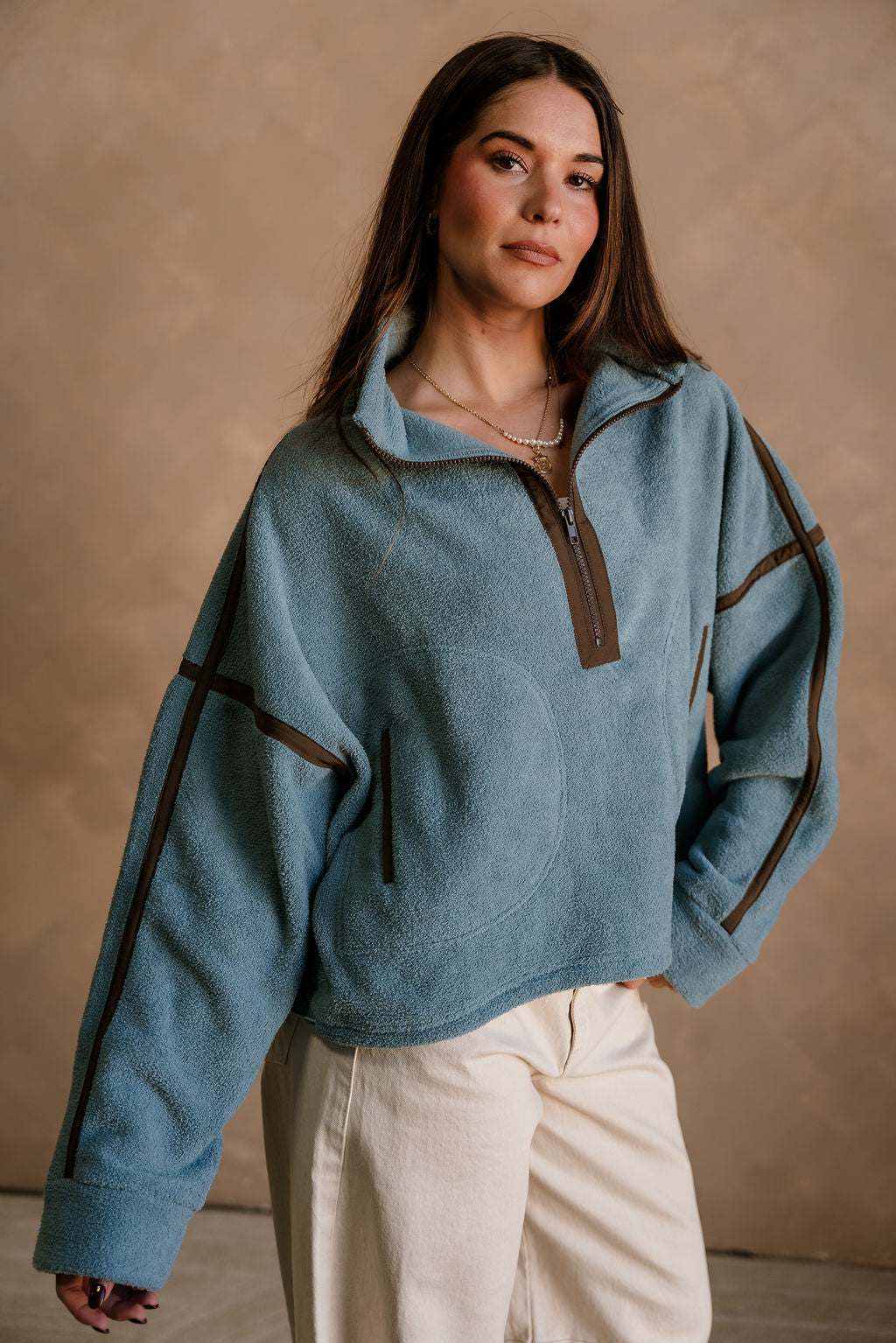 Gia Blue & Brown Quarter Zip Pullover - frontal side view
