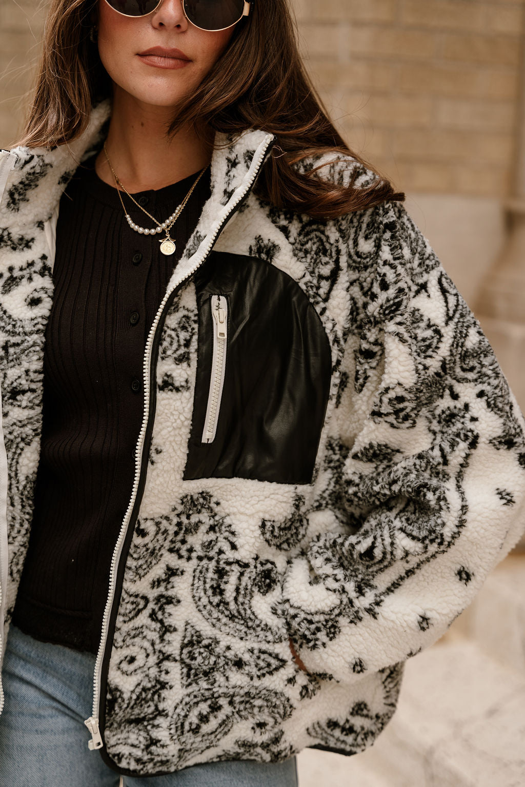 Avery Cream & Black Sherpa Paisley Jacket- close up top side view