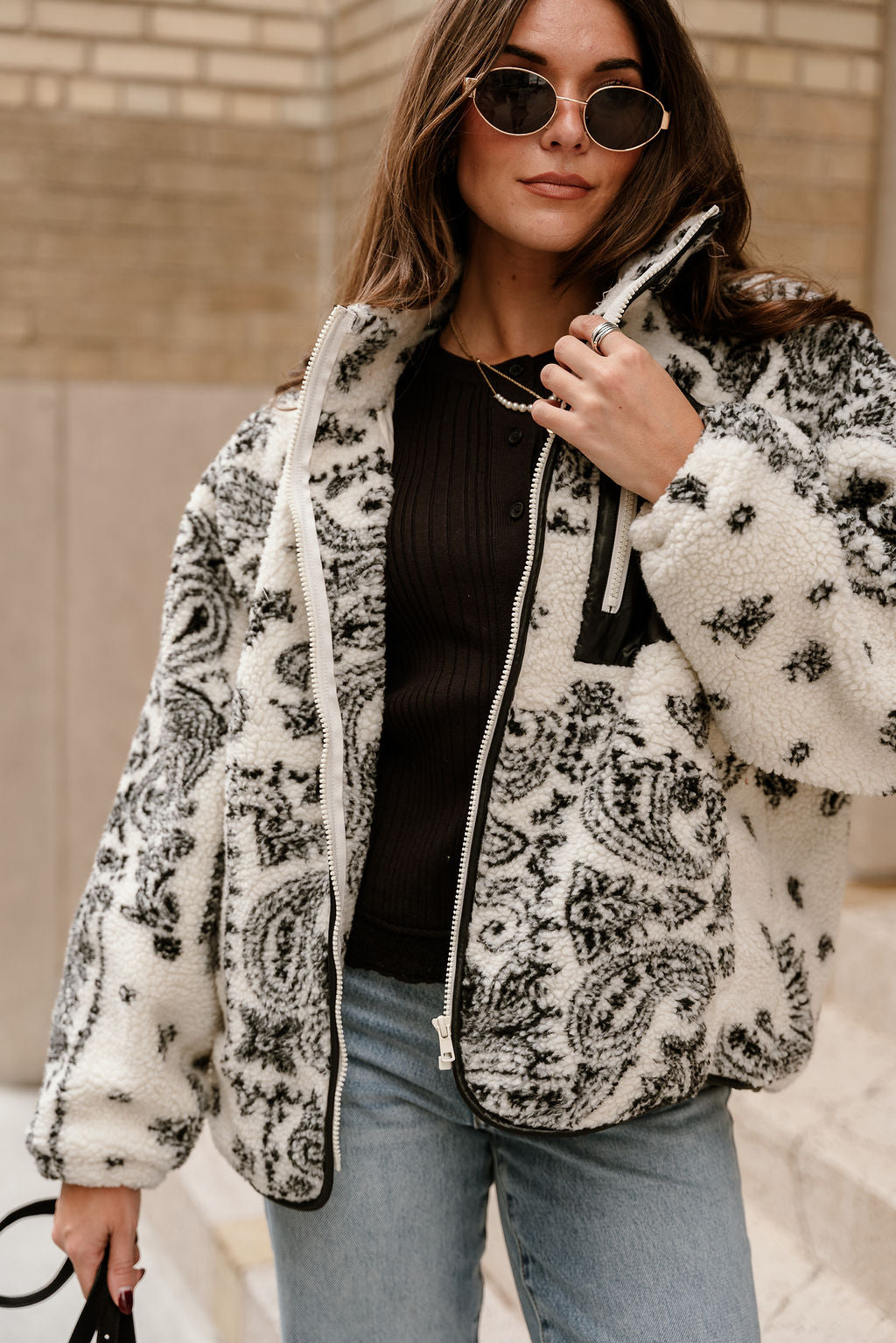 Avery Cream & Black Sherpa Paisley Jacket- close up view