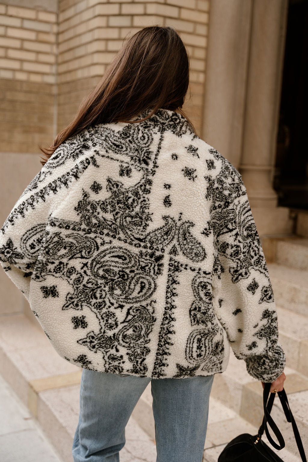 Avery Cream & Black Sherpa Paisley Jacket- close up back view