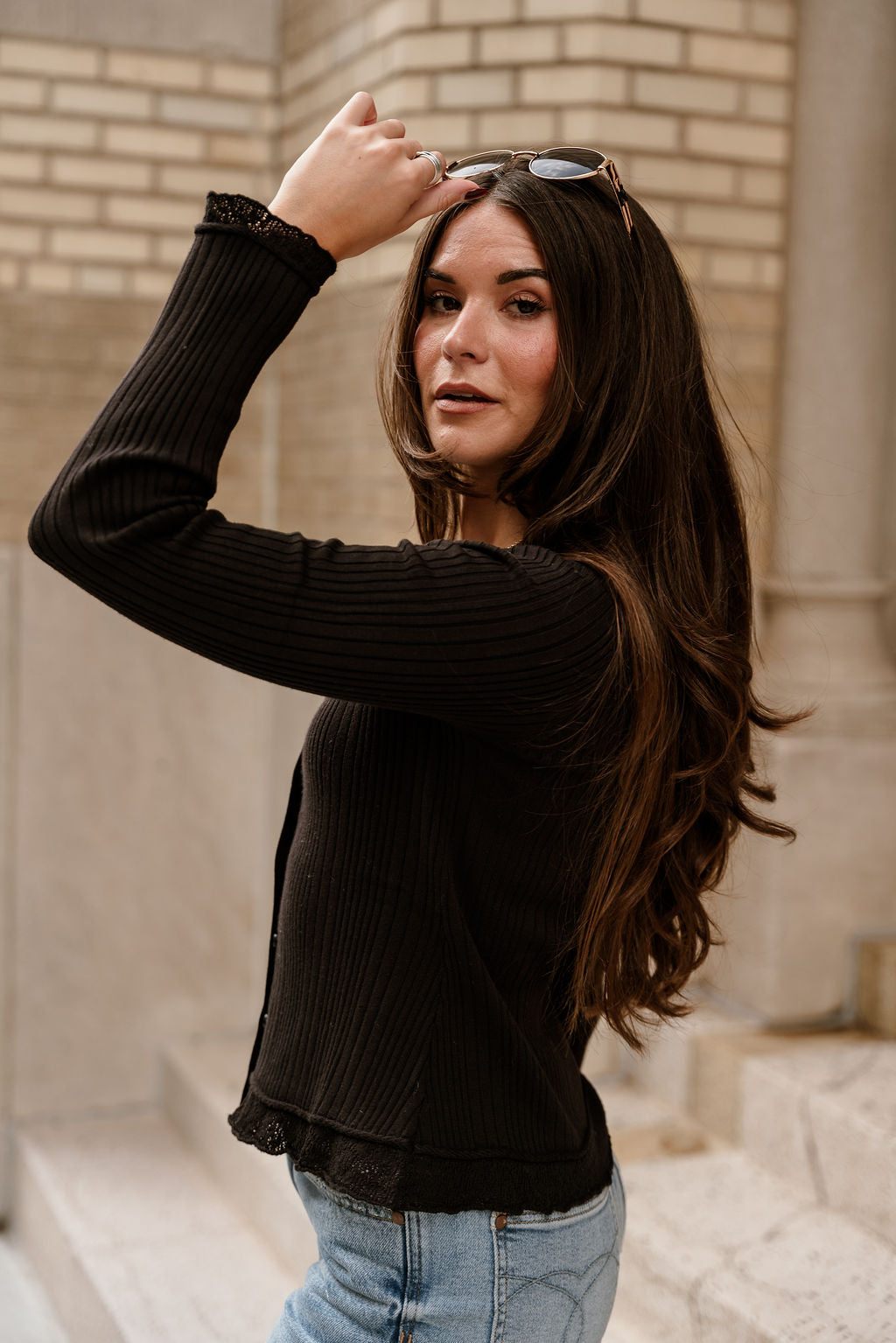 Brynlee Black Ribbed & Lace Cardigan- close up side view