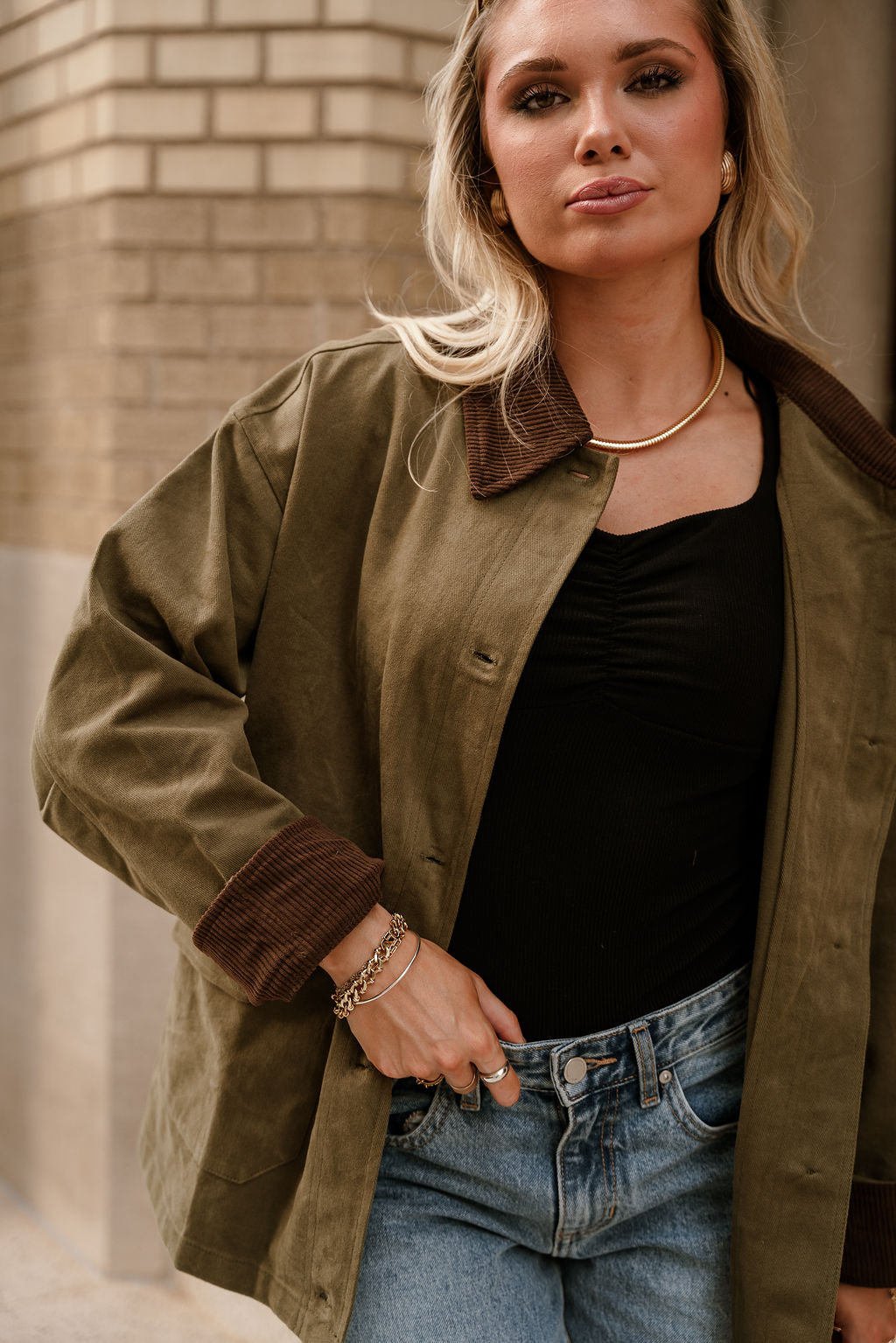 Kiara Olive & Brown Corduroy Collar Jacket-close up front view