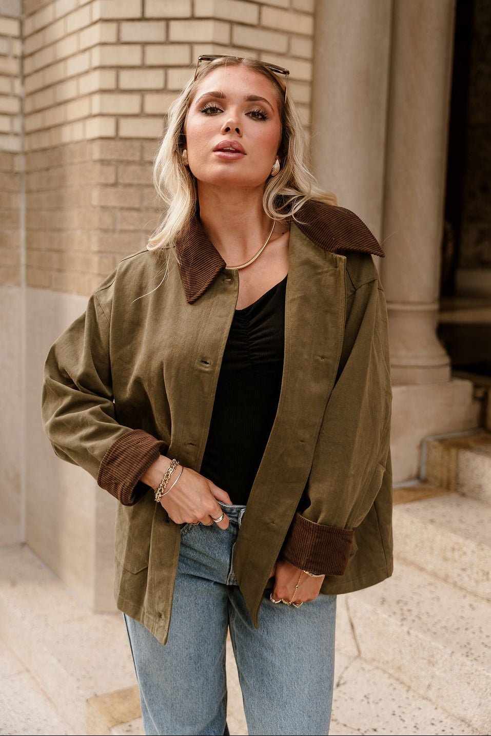 Kiara Olive & Brown Corduroy Collar Jacket- front view