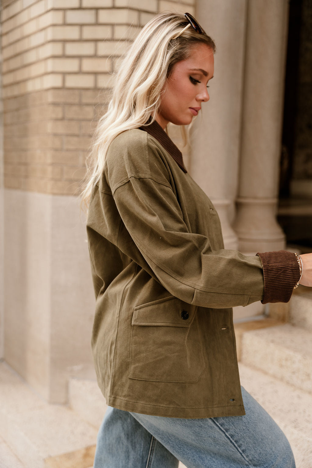 Kiara Olive & Brown Corduroy Collar Jacket- side view