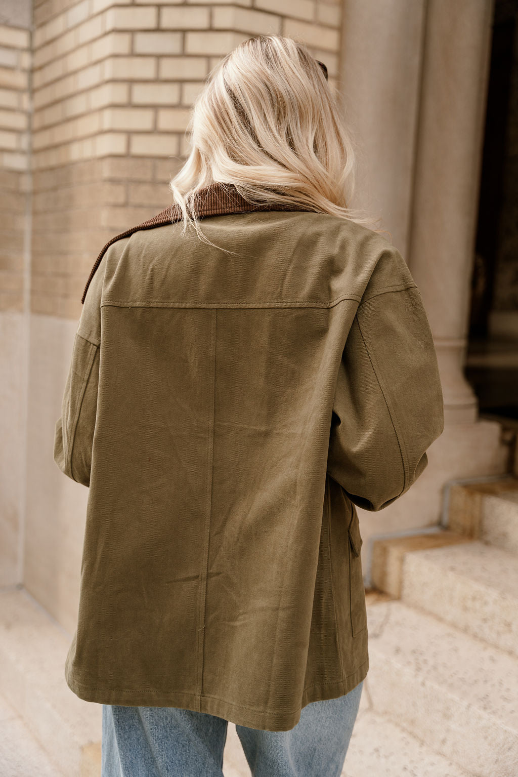 Kiara Olive & Brown Corduroy Collar Jacket- back view