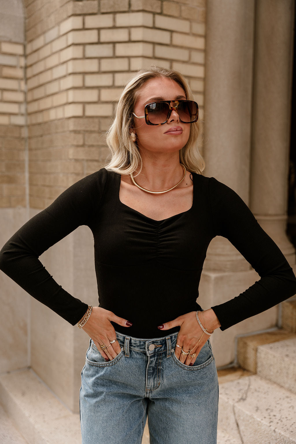 Alora Black Ruched Long Sleeve Top- front view