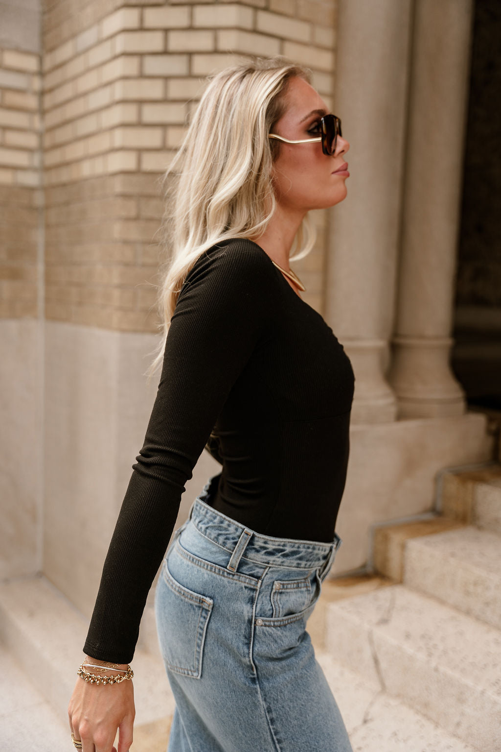 Alora Black Ruched Long Sleeve Top- top side view