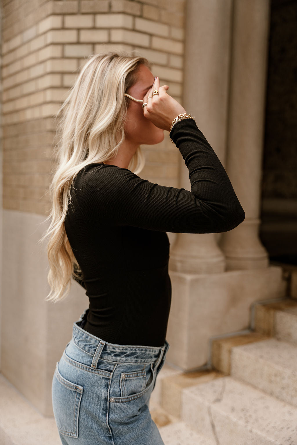 Alora Black Ruched Long Sleeve Top- close up side view