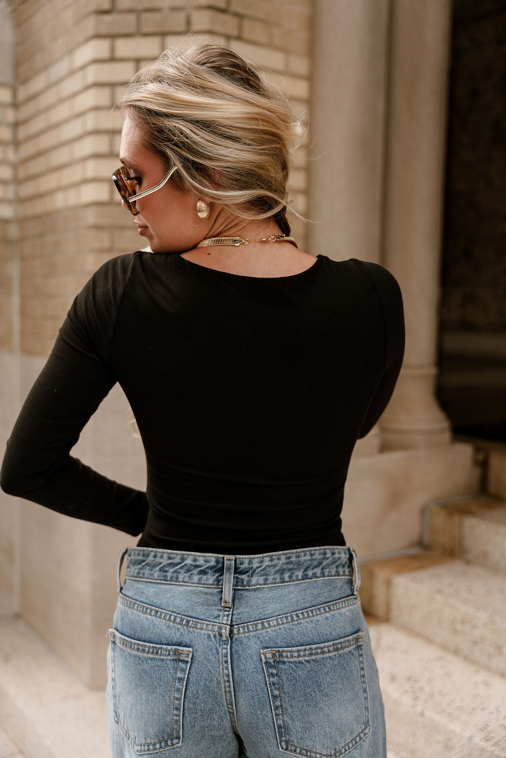 Alora Black Ruched Long Sleeve Top- close up back view